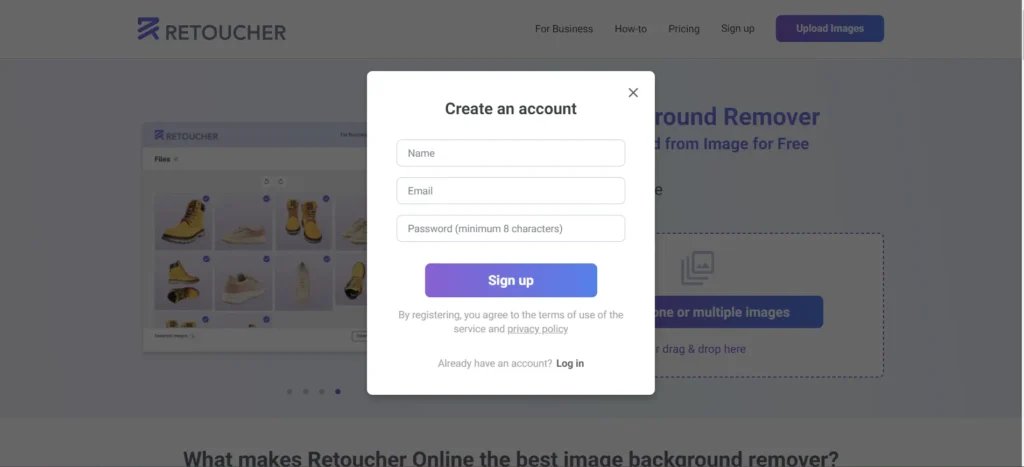 Retoucher Online AI Account Creation Process