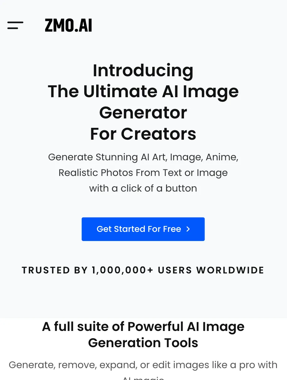 ZMO.ai Image Generation - Homepage Mobile - AIPR Revviews